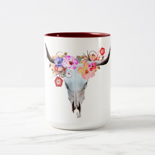 Rustic Boho Floral Longhorn Skull Two_Tone Coffee Mug