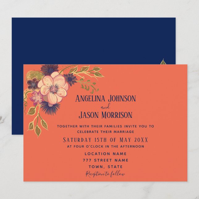 Rustic Boho Floral Navy and Coral Wedding Invitation (Front/Back)