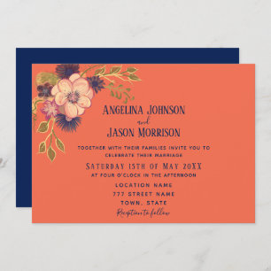 Rustic Boho Floral Navy and Coral Wedding Invitation