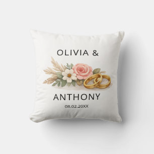 Rustic Boho Floral Pink Rose Wedding Name Ornament Throw Pillow