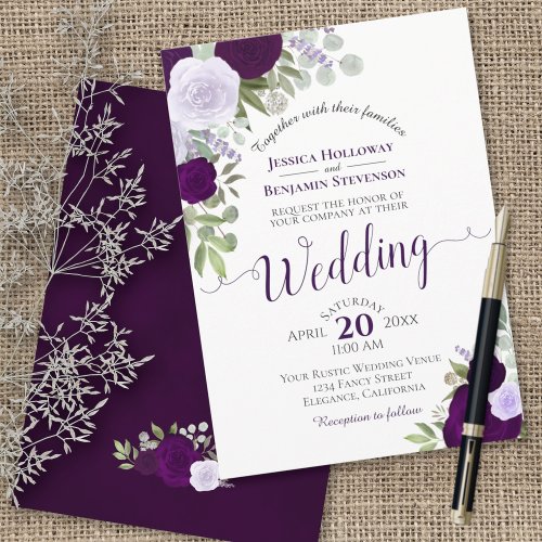 Rustic Boho Floral Plum  Dusty Purple Wedding Invitation