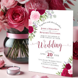Rustic Boho Floral Roses Magenta & Pink Wedding Invitation