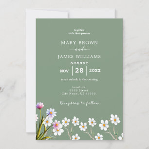 Rustic Boho Floral Sage Green & White Wedding Invitation