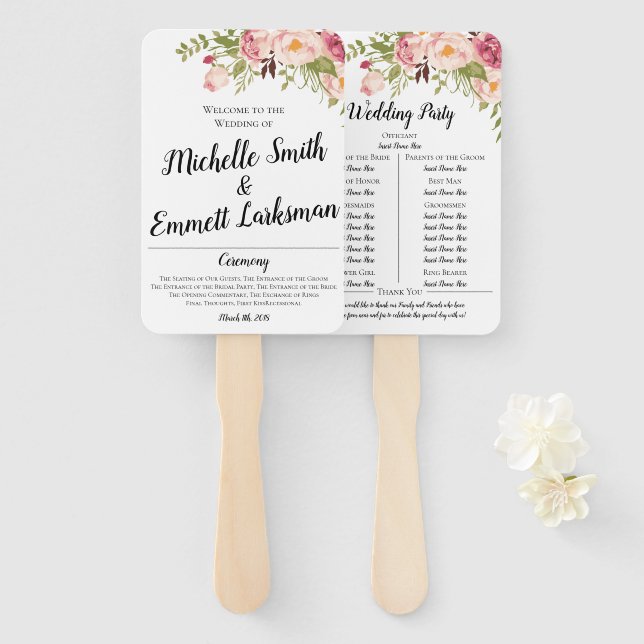 Rustic Boho Floral Script Wedding Ceremony Order Hand Fan (Front and Back)