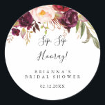 Rustic Boho Floral Sip Sip Hooray Bridal Shower Classic Round Sticker<br><div class="desc">This rustic boho floral sip sip hooray bridal shower favor sticker is perfect for a modern wedding shower. The design features pink,  purple,  red,  and burgundy watercolor peonies clustered into elegant bouquets with green foliage,  inspiring natural beauty.</div>