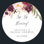 Rustic Boho Floral Sip Sip Hooray Bridal Shower Classic Round Sticker<br><div class="desc">This rustic boho floral sip sip hooray bridal shower favor sticker is perfect for a modern wedding shower. The design features pink,  purple,  red,  and burgundy watercolor peonies clustered into elegant bouquets with green foliage,  inspiring natural beauty.</div>