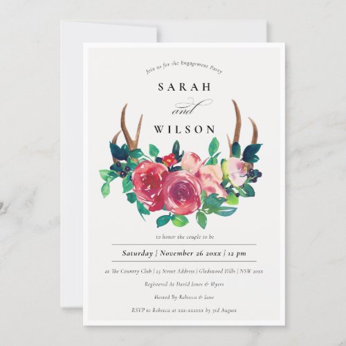 Rustic Boho Floral Stag Antlers Engagement Invite