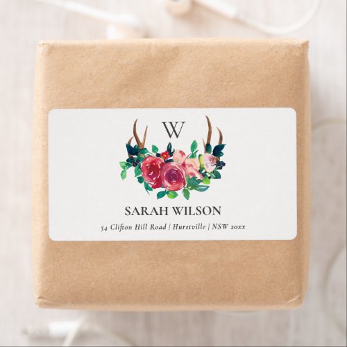 Rustic Boho Floral Stag Antlers Monogram Address Label