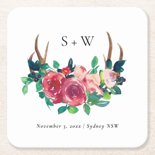 Rustic Boho Floral Stag Antlers Monogram Wedding Square Paper Coaster