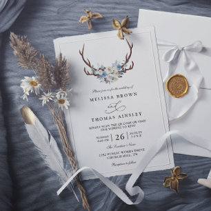 Rustic Boho Floral Stag Antlers QR Code Wedding Invitation