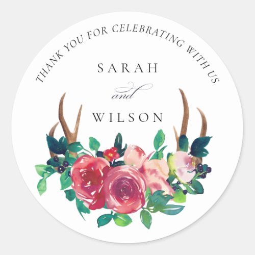 Rustic Boho Floral Stag Antlers Wedding Thank You Classic Round Sticker