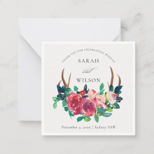 Rustic Boho Floral Stag Antlers Wedding Thank You Note Card