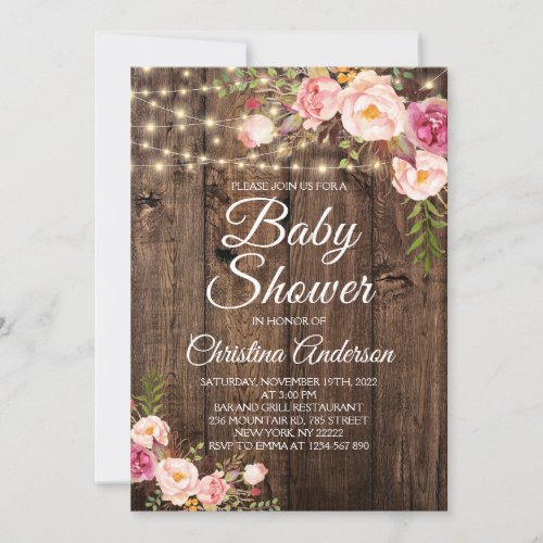 Rustic Boho Floral String Lights Baby Shower Invitation