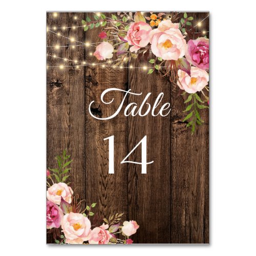 Rustic Boho Floral String Lights Wedding  Table Number