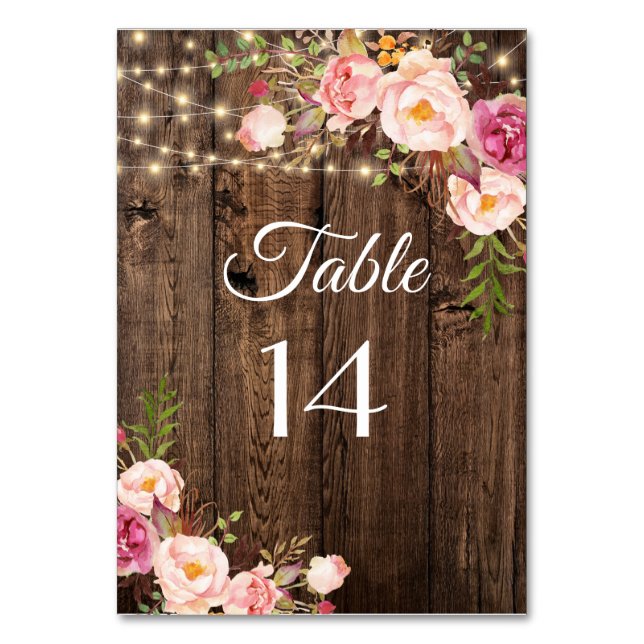 Rustic Boho Floral String Lights Wedding  Table Number (Front)