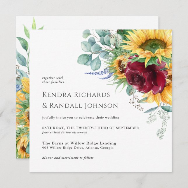 Rustic Boho Floral Sunflowers Floral Wedding Invitation (Front/Back)
