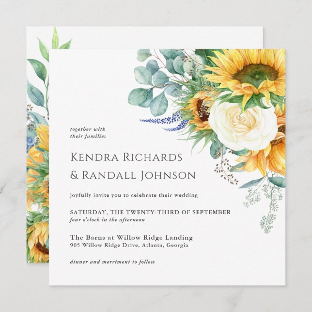 Rustic Boho Floral Sunflowers Floral Wedding Invitation (Front/Back)