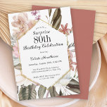 Rustic Boho Floral Surprise 80th Birthday Party Invitation<br><div class="desc">Celebrate an important milestone birthday with this wonderfully beautiful rustic boho watercolor floral Surprise 80th birthday party invitation. It has a sumptuous neutral color palette in beige, green, peach, and tinges of pink and terracotta. A beautiful geometric frame with gold accent adds elegance to the design. The back of the...</div>