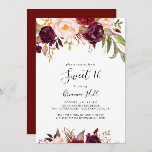 Rustic Boho Floral Sweet 16 Birthday Party Invitation