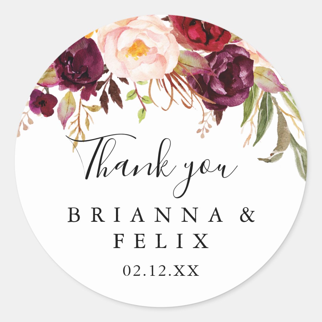 Rustic Boho Floral Thank You Wedding Favor Classic Round Sticker | Zazzle