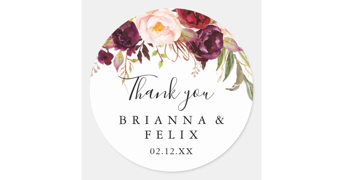 Rustic Boho Floral Thank You Wedding Favor Classic Round Sticker | Zazzle