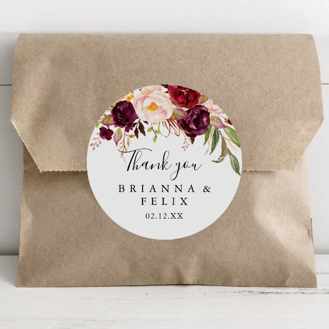 Rustic Boho Floral Thank You Wedding Favor Classic Round Sticker (Creator Uploaded)