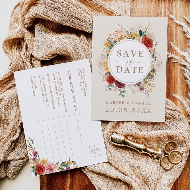 Rustic Boho Floral Tropical Pampas Grass Wedding Announcement Postcard (Creator Uploaded)