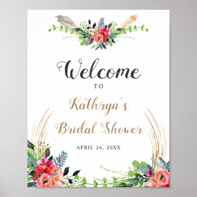 Rustic Boho Floral Watercolor Bridal Shower Sign (Front)