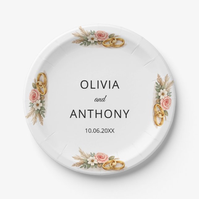Rustic Boho Floral Watercolor Wedding  Paper Plates (Front)