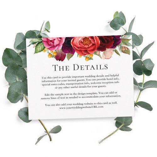 Rustic Boho Floral Wedding Details Information Enclosure Card