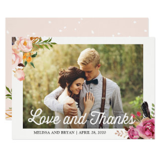 Rustic Boho Floral Wedding Photo Love and Thanks Card