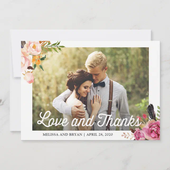 Rustic Boho Floral Wedding Photo Love and Thanks Thank You Card | Zazzle