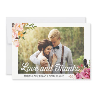 Rustic Boho Floral Wedding Photo Love and Thanks Thank You Card