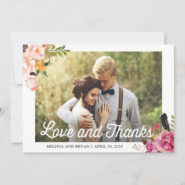 Rustic Boho Floral Wedding Photo Love and Thanks Thank You Card (Front)