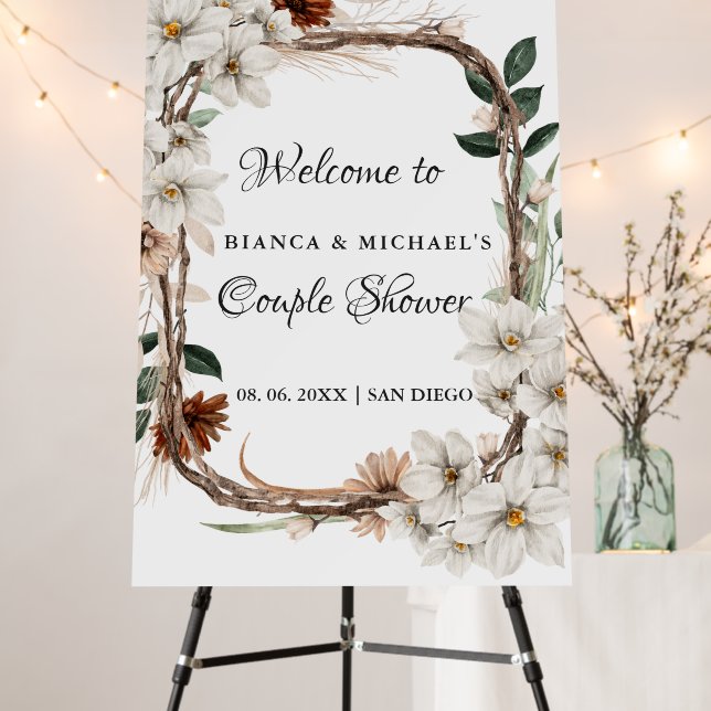 Rustic  Boho Floral welcome Engagement Party sign (In Situ (Stand))