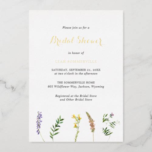 Rustic Boho Floral Wildflower Bridal Shower Gold Foil Invitation