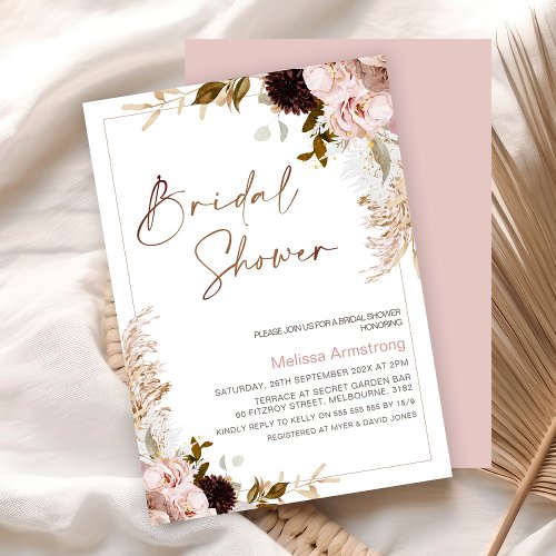 Rustic Boho Floral with Pampas Frame Bridal Shower Invitation