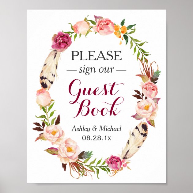 Rustic Boho Floral Wreath Guestbook Wedding Sign