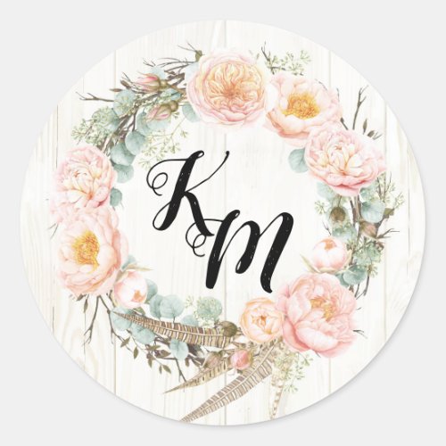 Rustic Boho Floral Wreath Monogram Wedding Classic Round Sticker