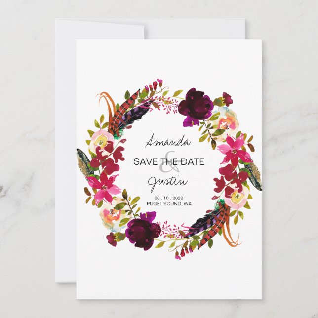 Rustic Boho Floral Wreath Save The Date Wedding (Front)
