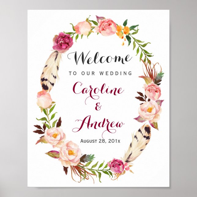 Rustic Boho Floral Wreath Welcome Wedding Sign (Front)