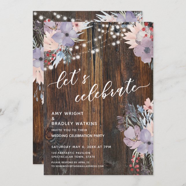 Rustic Boho Flowers & Lights Let's Celebrate Invitation (Front/Back)