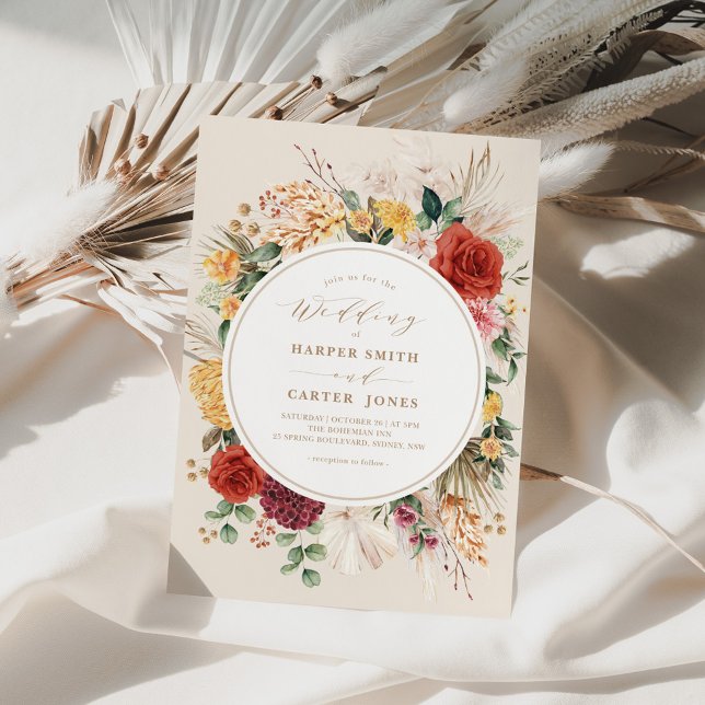 Rustic Boho Flowers Pampas Grass Wedding Party Inv Invitation (Creator Uploaded)