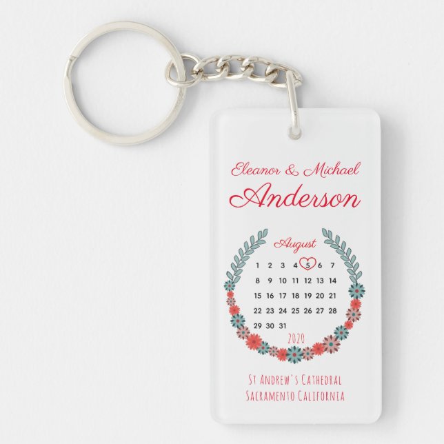 Rustic Boho Flowers Wedding Anniversary Calendar Keychain (Front)