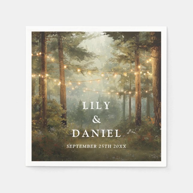 Rustic Boho Forest String Lights Photo Wedding Napkins (Front)