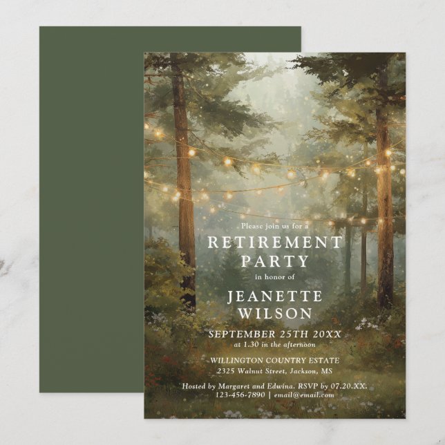 Rustic Boho Forest String Lights Retirement Party Invitation (Front/Back)