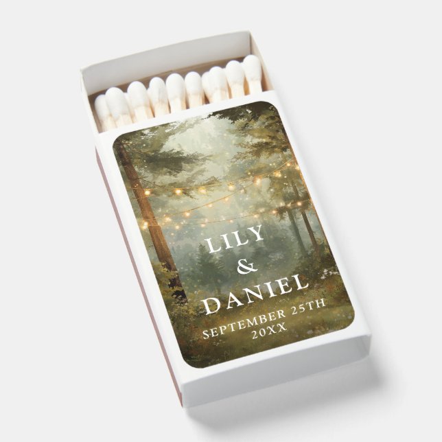 Rustic Boho Forest String Lights Wedding Favor Matchboxes (Front Open)