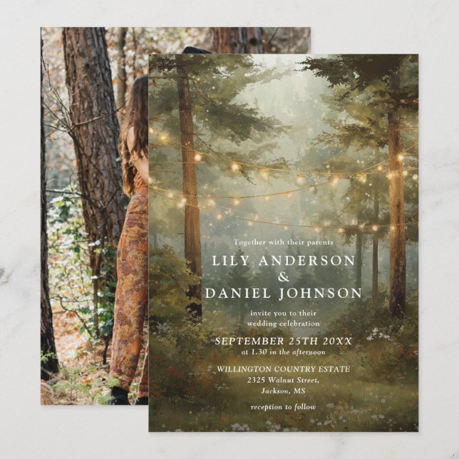 Rustic Boho Forest String Lights Wedding Photo Invitation (Front/Back)