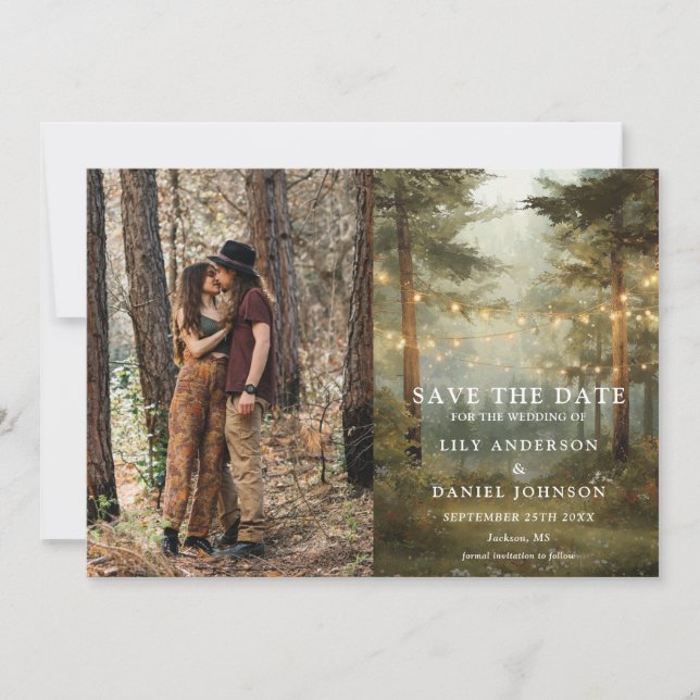 Rustic Boho Forest String Lights Wedding Photo Save The Date (Front)