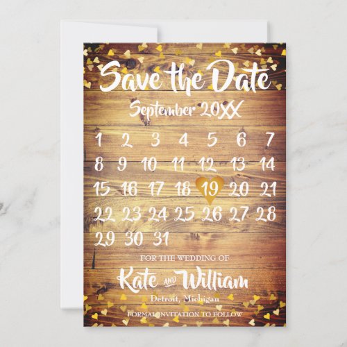 Rustic Boho Gold Love Heart Calendar Save the Date